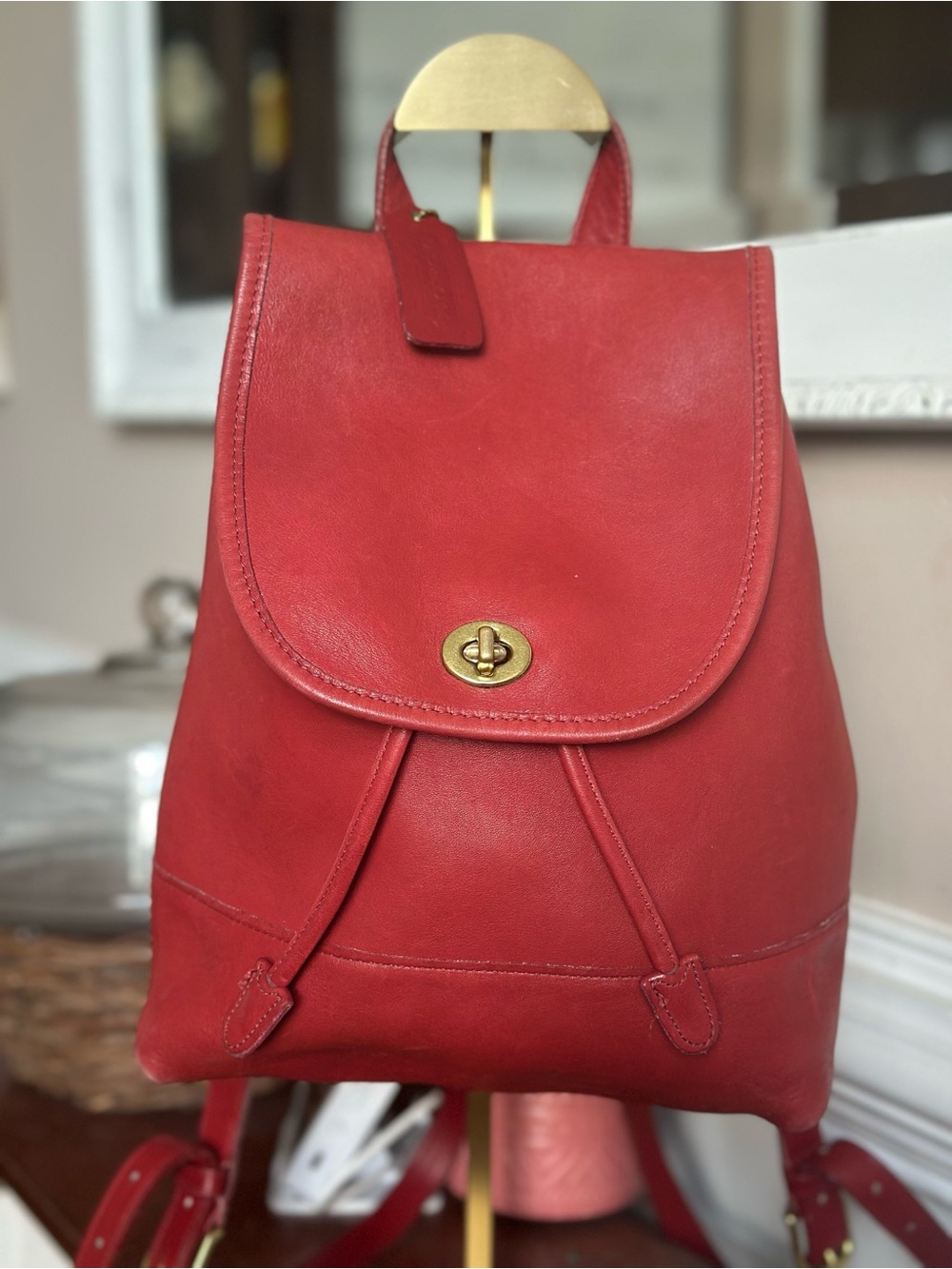 Classic Red Leather Backpack - Women's Everyday Bag